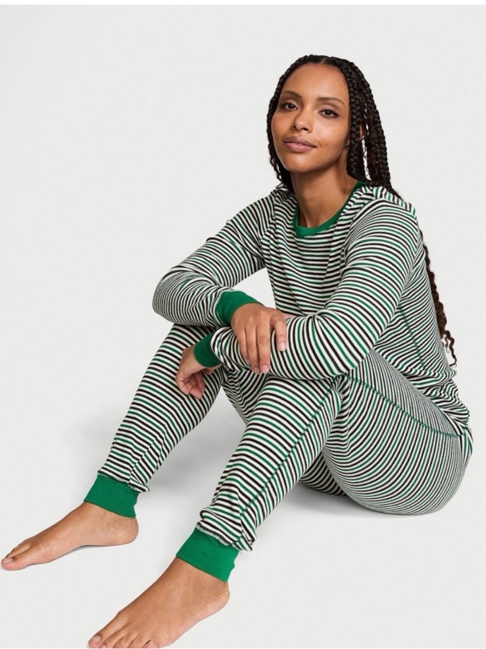 PINK Victoria's Secret Green & White Striped Long-Sleeve Pajama Set